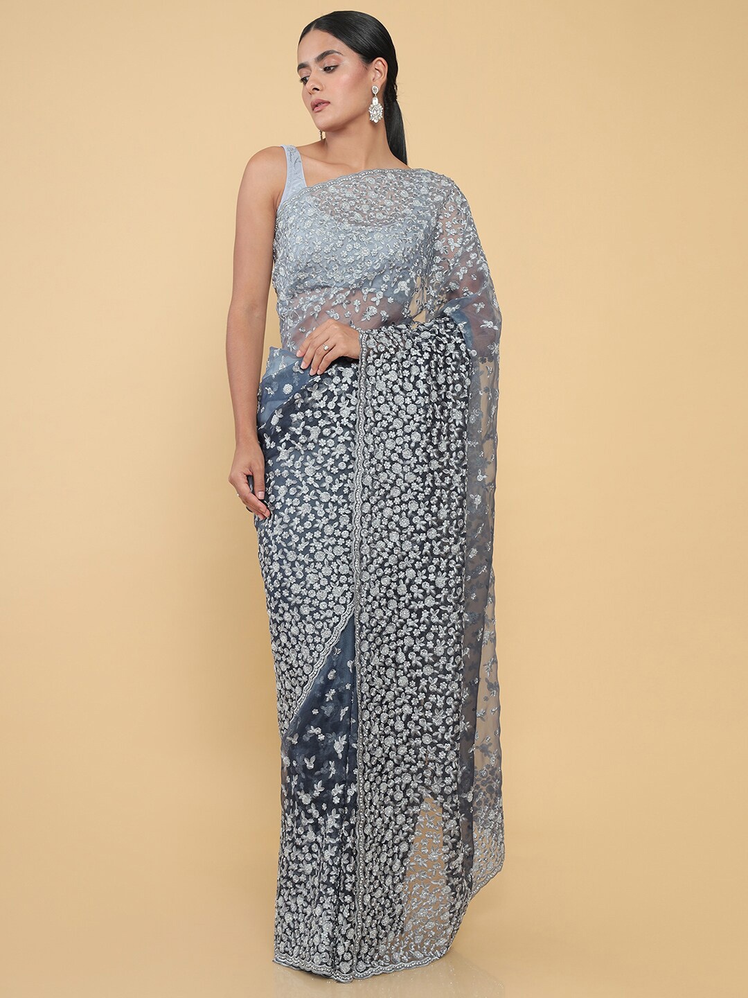 

Soch Grey & Silver-Toned Floral Embroidered Tissue Saree