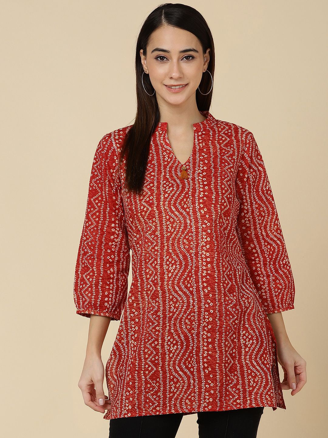 

VEDANA Women Red Print Mandarin Collar Pure Cotton Top