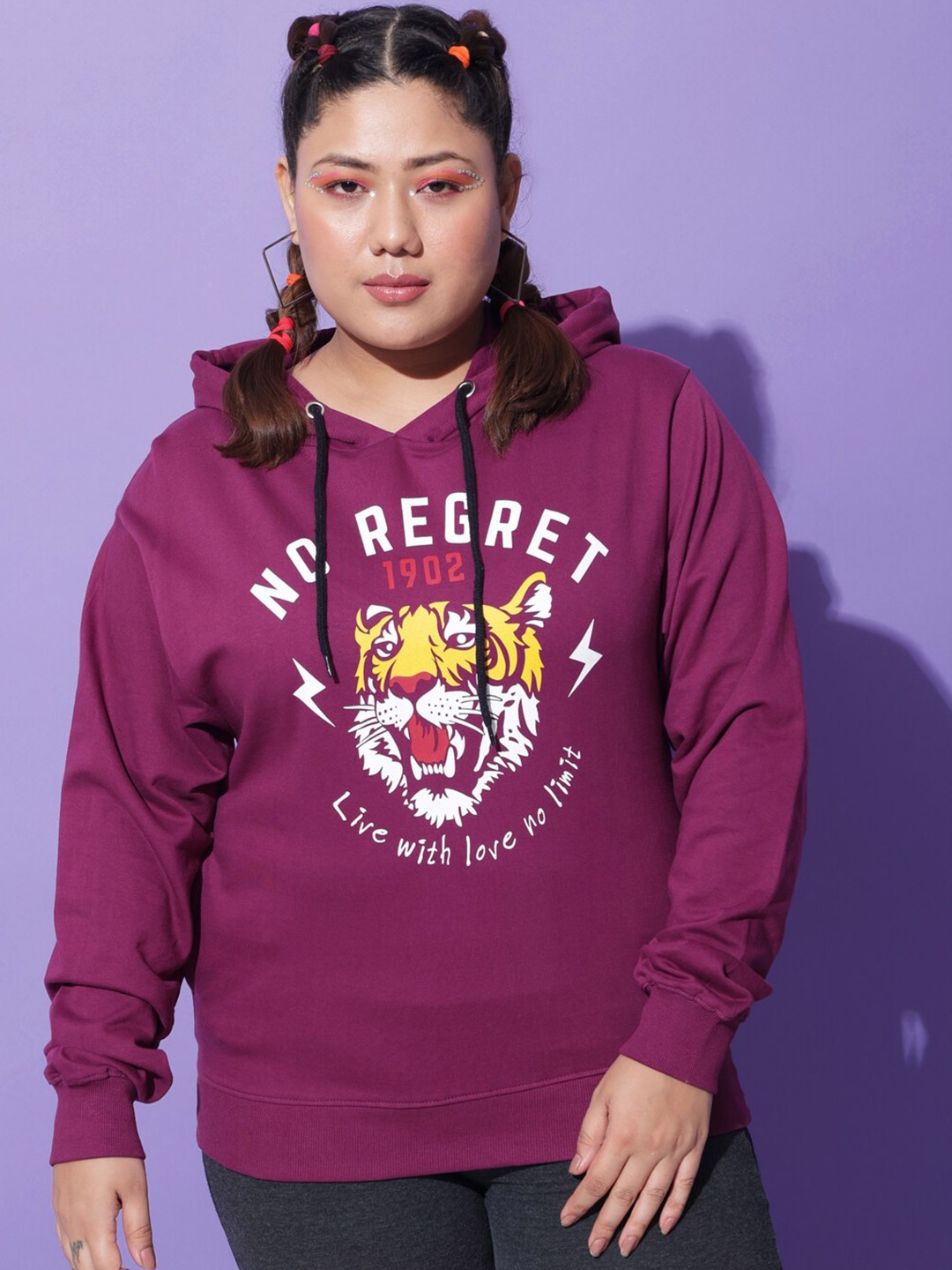 

BEYOUND SIZE - THE DRY STATE Women Printed Hooded Sweatshirt, Magenta