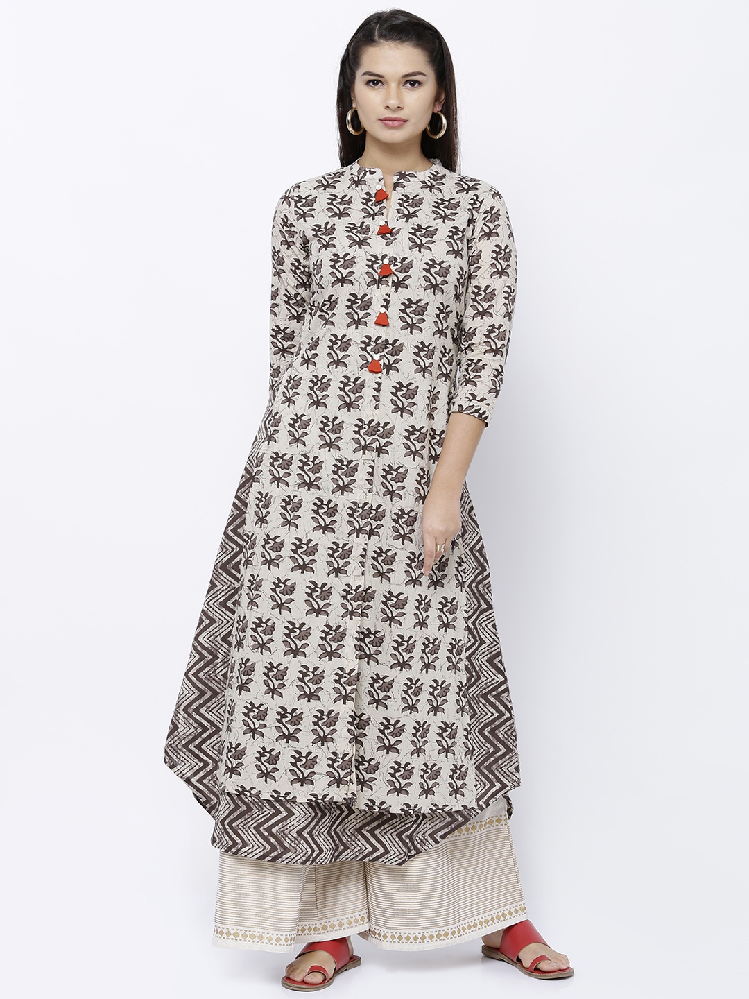 

Vishudh Women Cream-Coloured & Taupe Printed A-Line Kurta