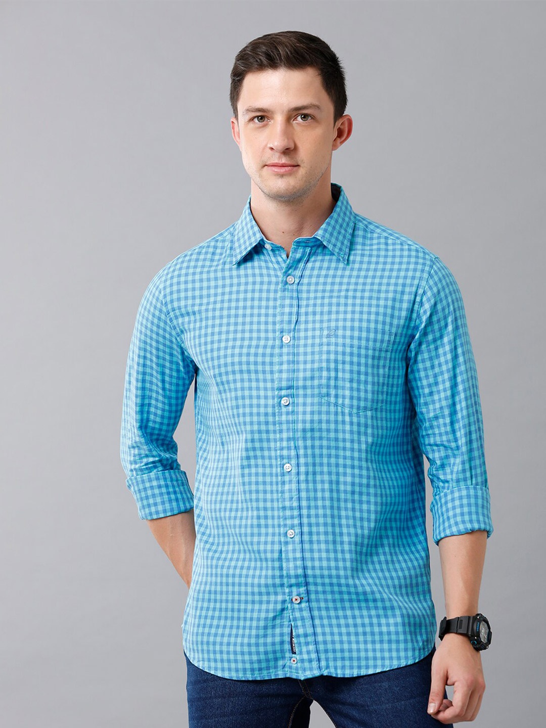 

Double Two Men Blue Slim Fit Gingham Checks Checked Casual Shirt