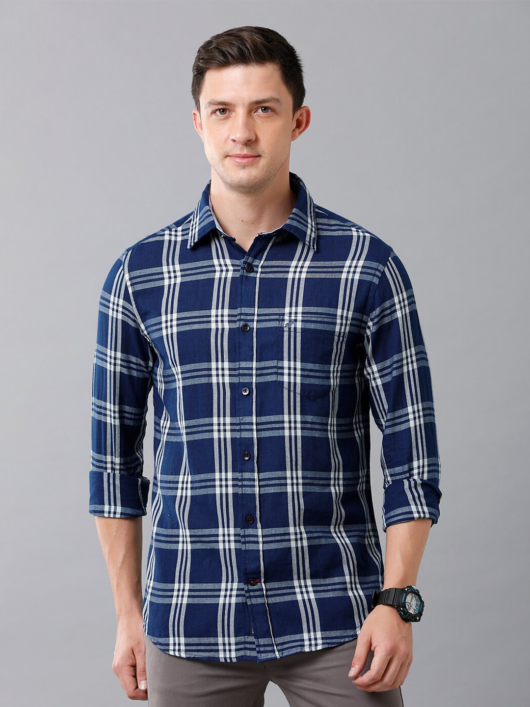 

Double Two Men Navy Blue Slim Fit Tartan Checks Checked Casual Shirt