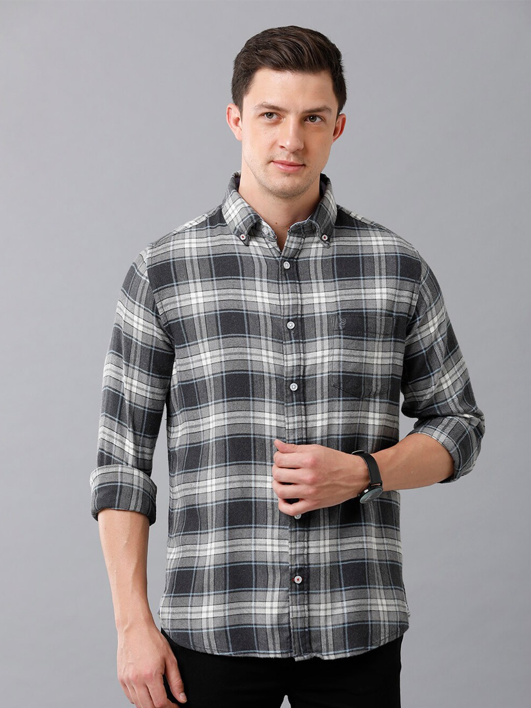 

Double Two Men Grey Slim Fit Tartan Checks Checked Casual Shirt