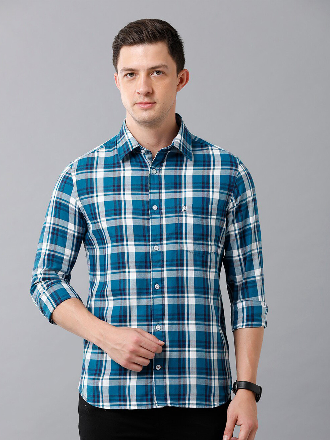 

Double Two Men Blue Slim Fit Tartan Checks Checked Casual Shirt