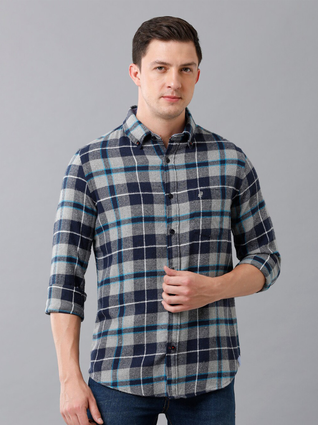 

Double Two Men Blue Slim Fit Tartan Checks Checked Casual Shirt
