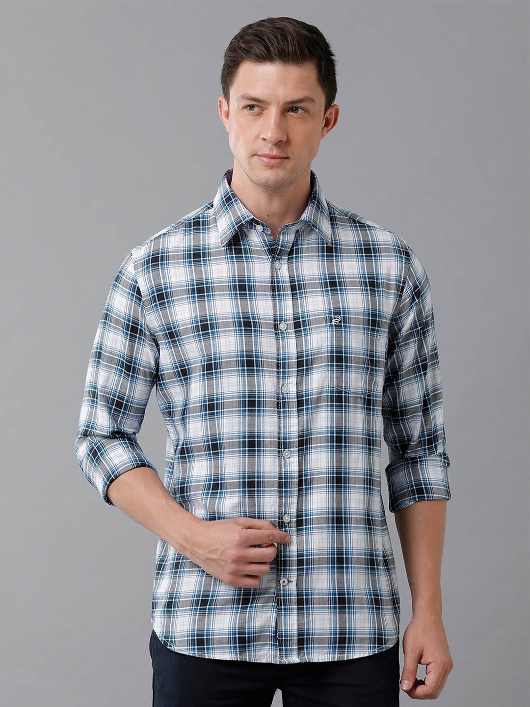 

Double Two Men Blue Slim Fit Tartan Checks Checked Casual Shirt