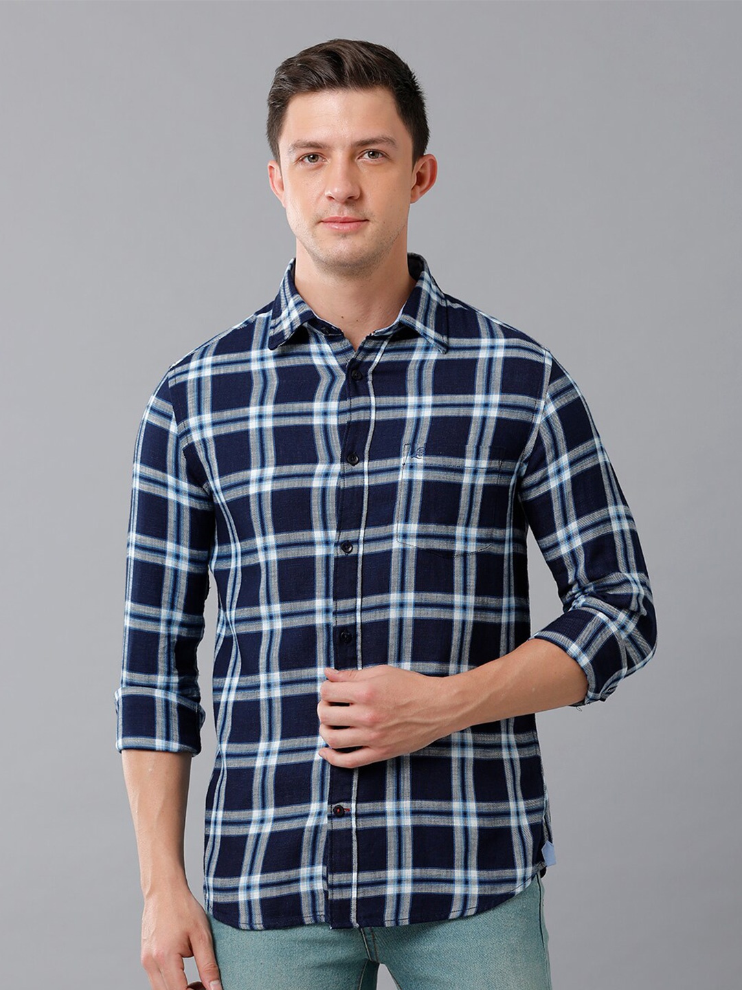 

Double Two Men Navy Blue Slim Fit Tartan Checks Checked Casual Shirt