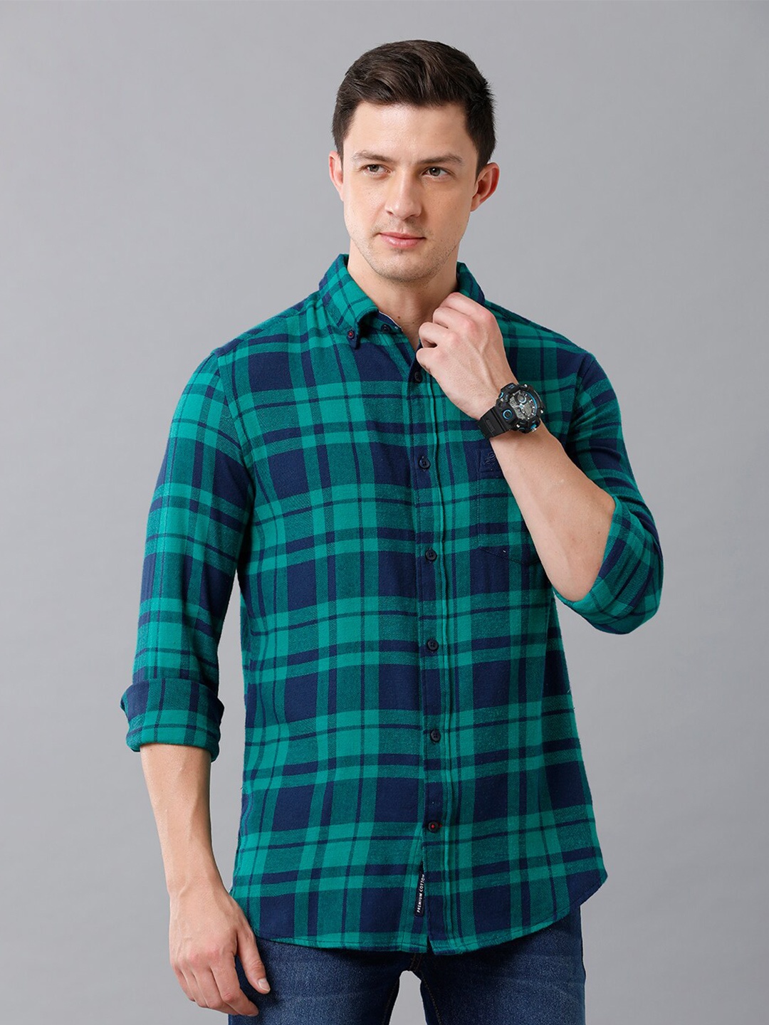 

Double Two Men Slim Fit Tartan Checks Checked Casual Shirt, Green