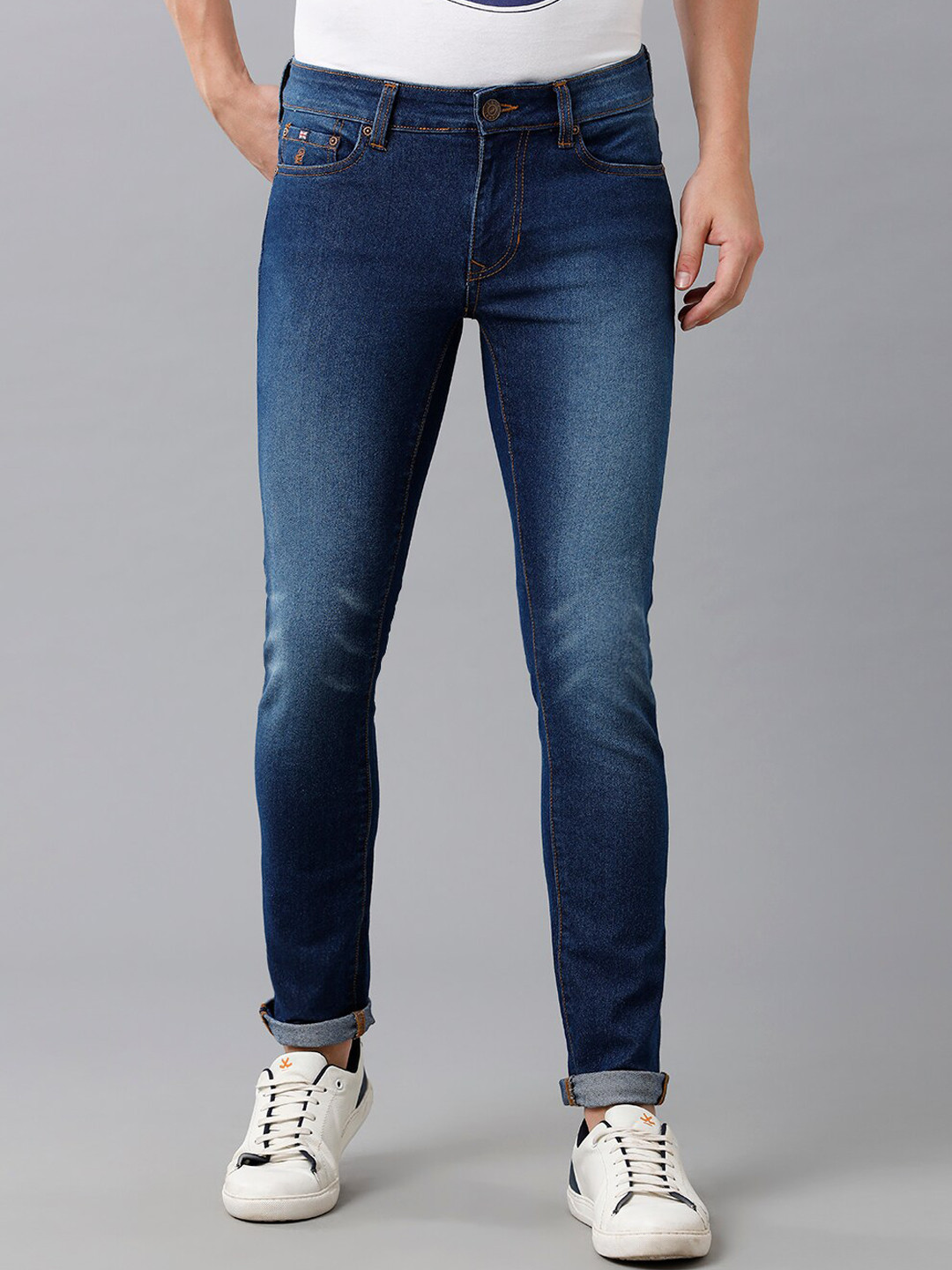 

Double Two Men Blue Lean Slim Fit Low-Rise Light Fade Cotton Stretchable Jeans