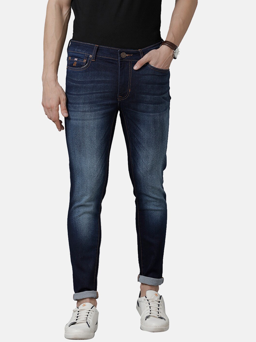 

Double Two Men Blue Lean Slim Fit Low-Rise Light Fade Cotton Stretchable Jeans