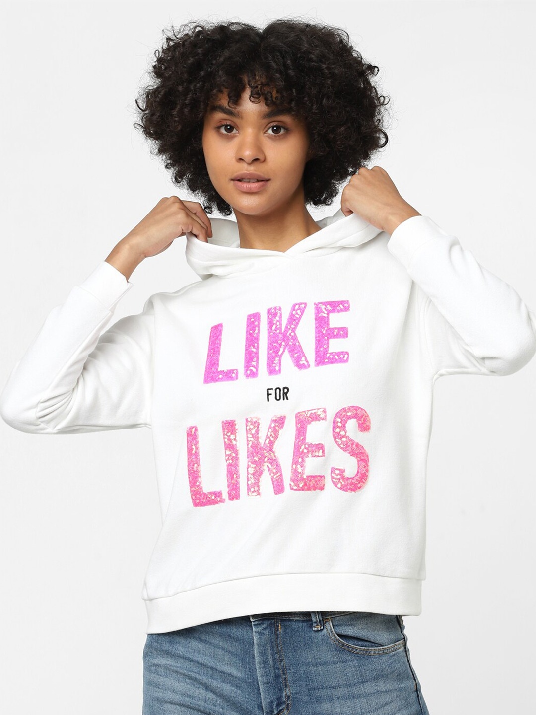 

ONLY Women White Printed Hooded Sweatshirt