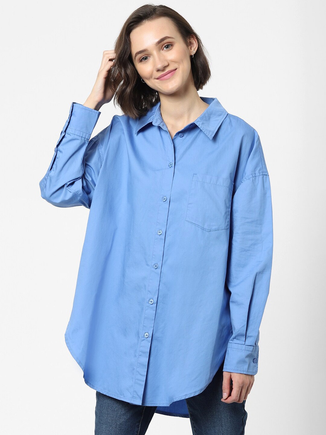 

ONLY Women Blue Onlycorina Loose Boxy Longline Casual Shirt