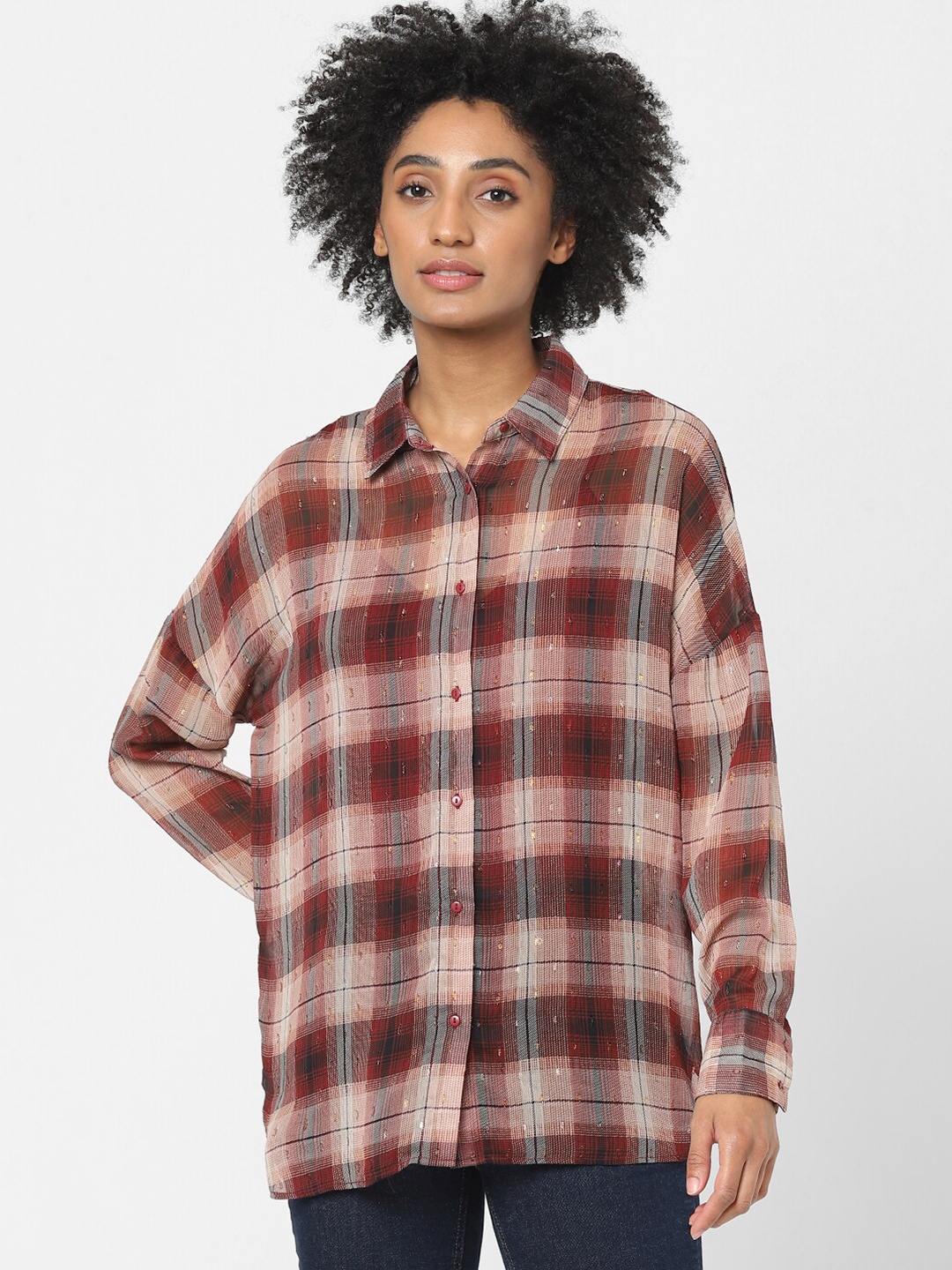

ONLY Women Maroon Onalamelia Loose Tartan Checks Semi Sheer Checked Shirt