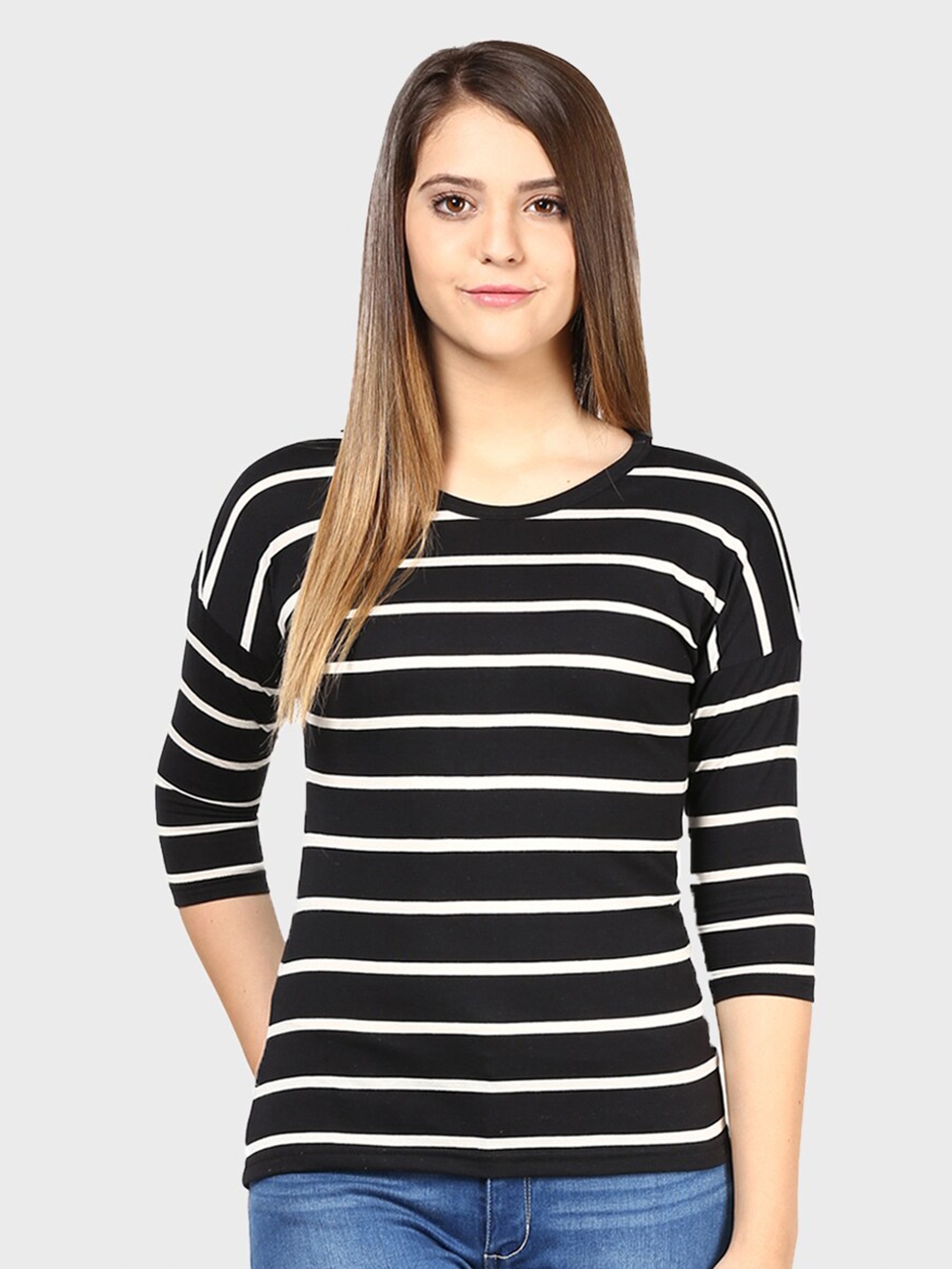 

Hypernation Women Black Striped Drop-Shoulder Sleeves Slim Fit T-shirt