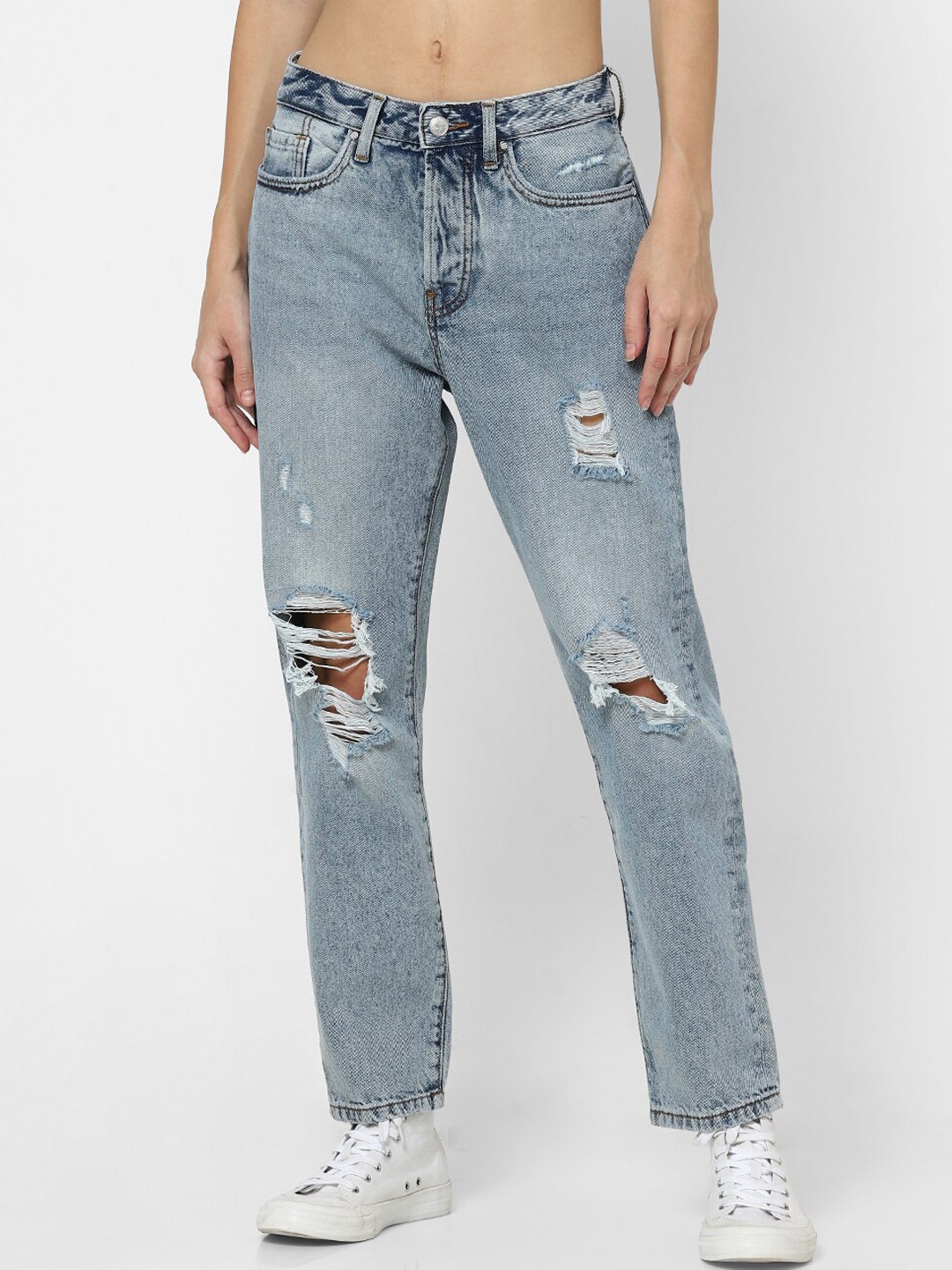 

ONLY Women Blue ONLFINE HIGH RISE Straight Fit Ripped Heavy Fade Jeans