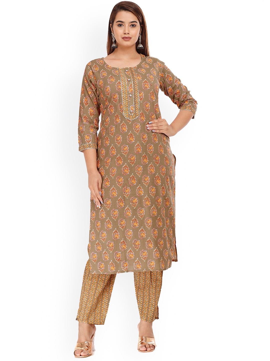 

KALINI Women Floral Printed Pure Cotton Kurta with Trouser, Brown
