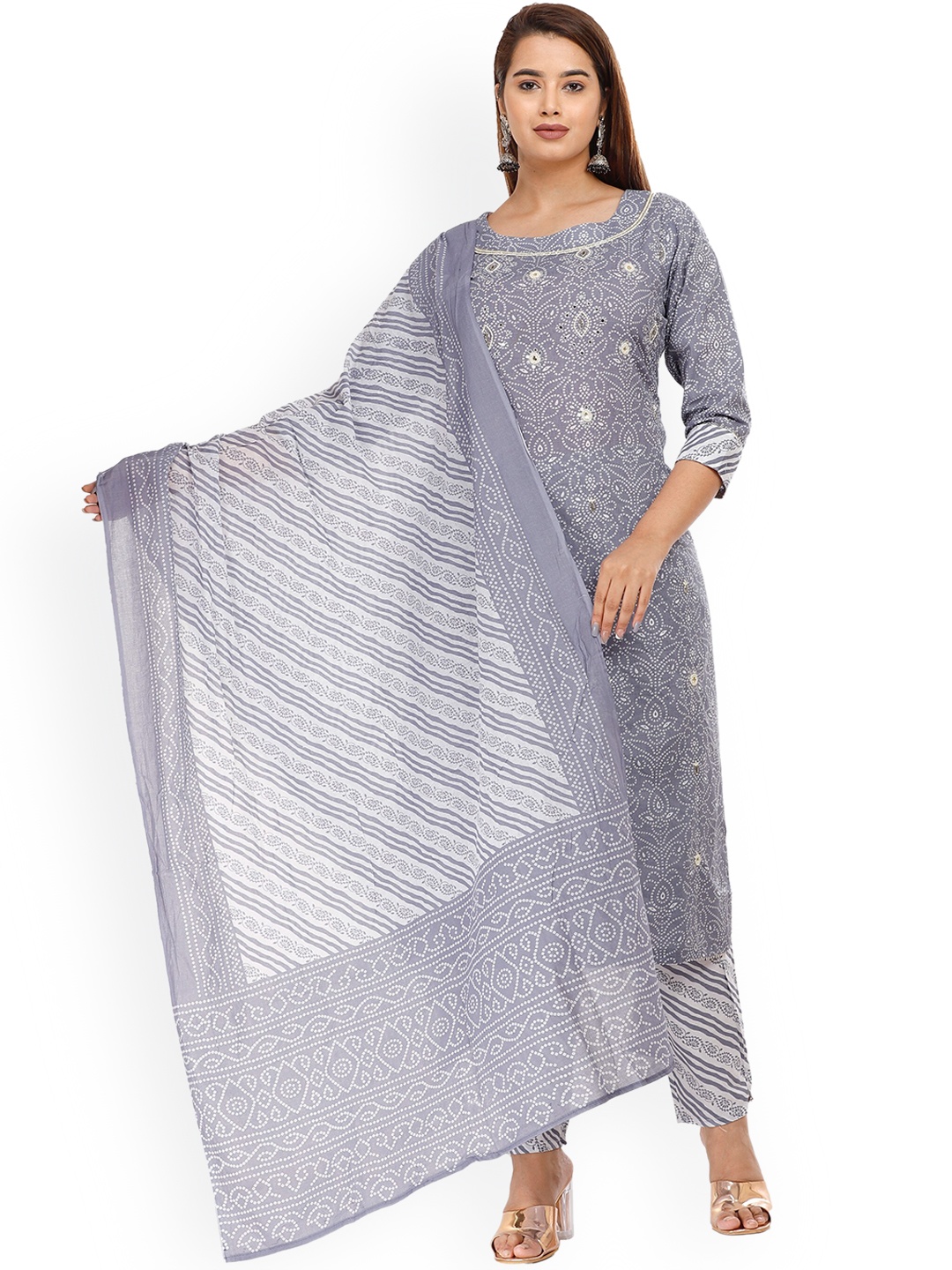

KALINI Women Bandhani Printed Thread Work Pure Cotton Kurta with Trouser & Dupatta, Grey