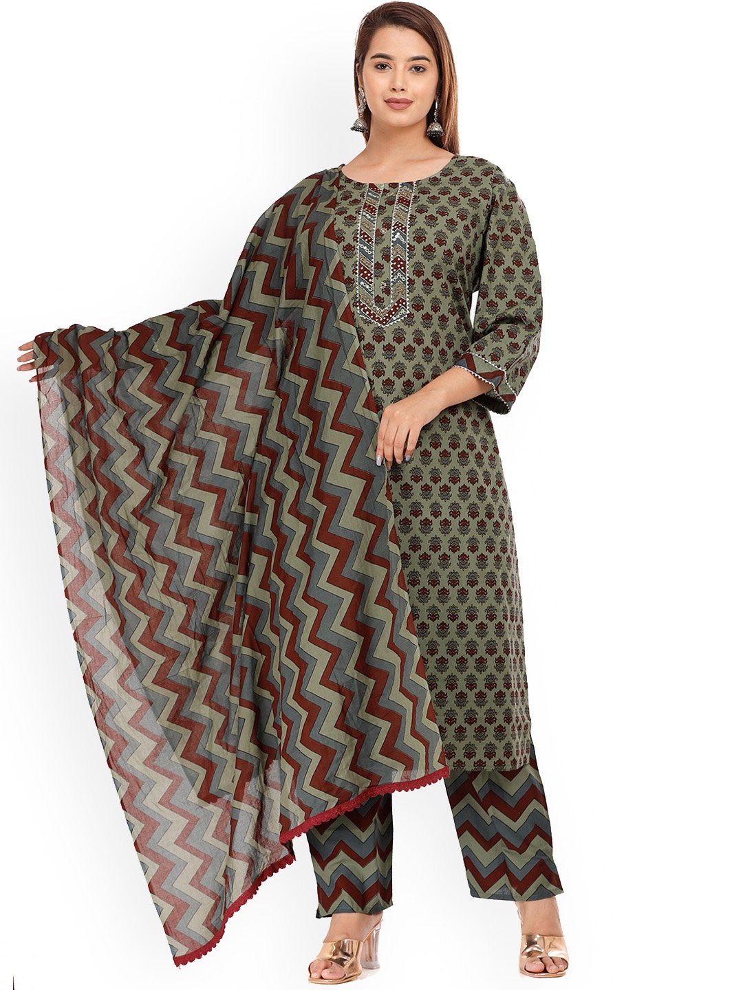 

KALINI Women Printed Thread Work Pure Cotton Kurta with Trouser & Dupatta, Olive