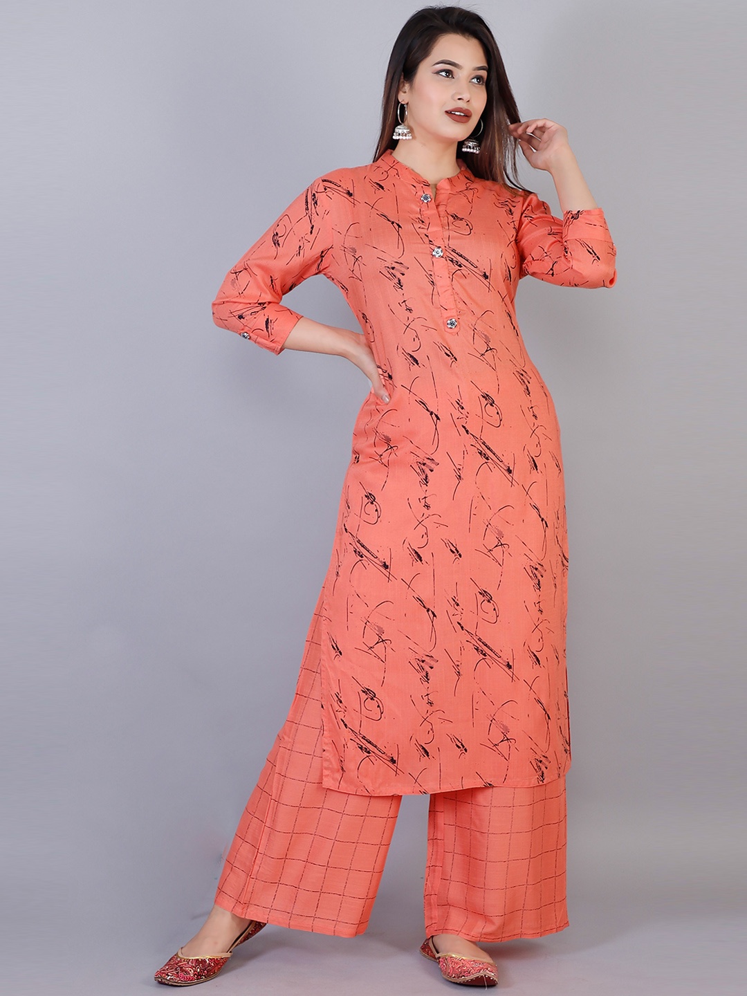 

KALINI Women Printed Mandarin Collar Kurta with Palazzo, Orange