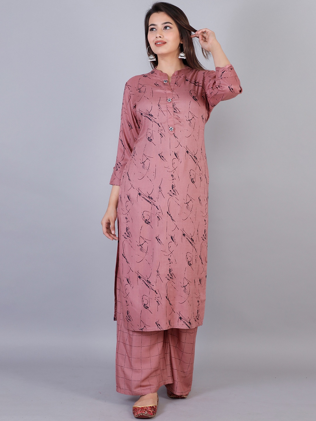 

KALINI Women Printed Mandarin Collar Rayon Kurta with Palazzo, Pink