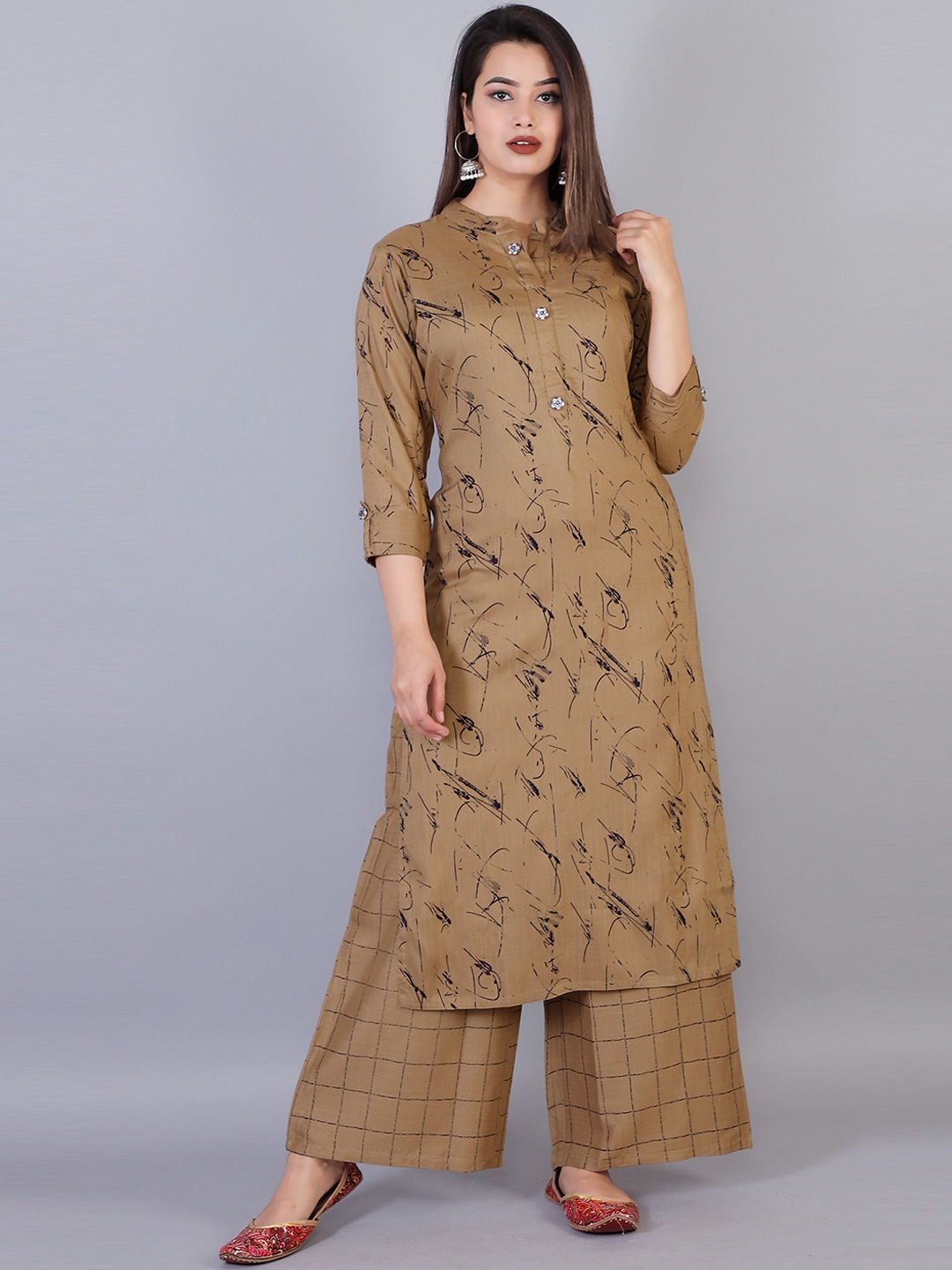 

KALINI Women Printed Mandarin Collar Viscose Rayon Kurta with Palazzo, Brown