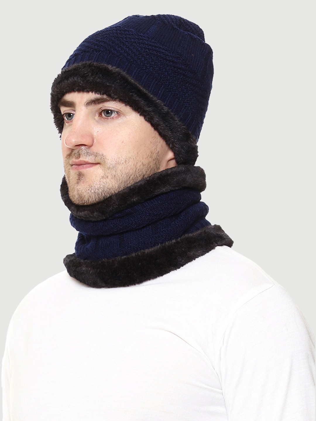 

WEAVERS VILLA Men Navy Blue Acrylic Beanie with Muffler Set
