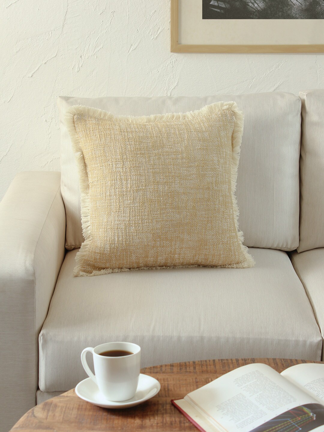 

House This Beige & White Self Design Cotton Square Cushion Covers