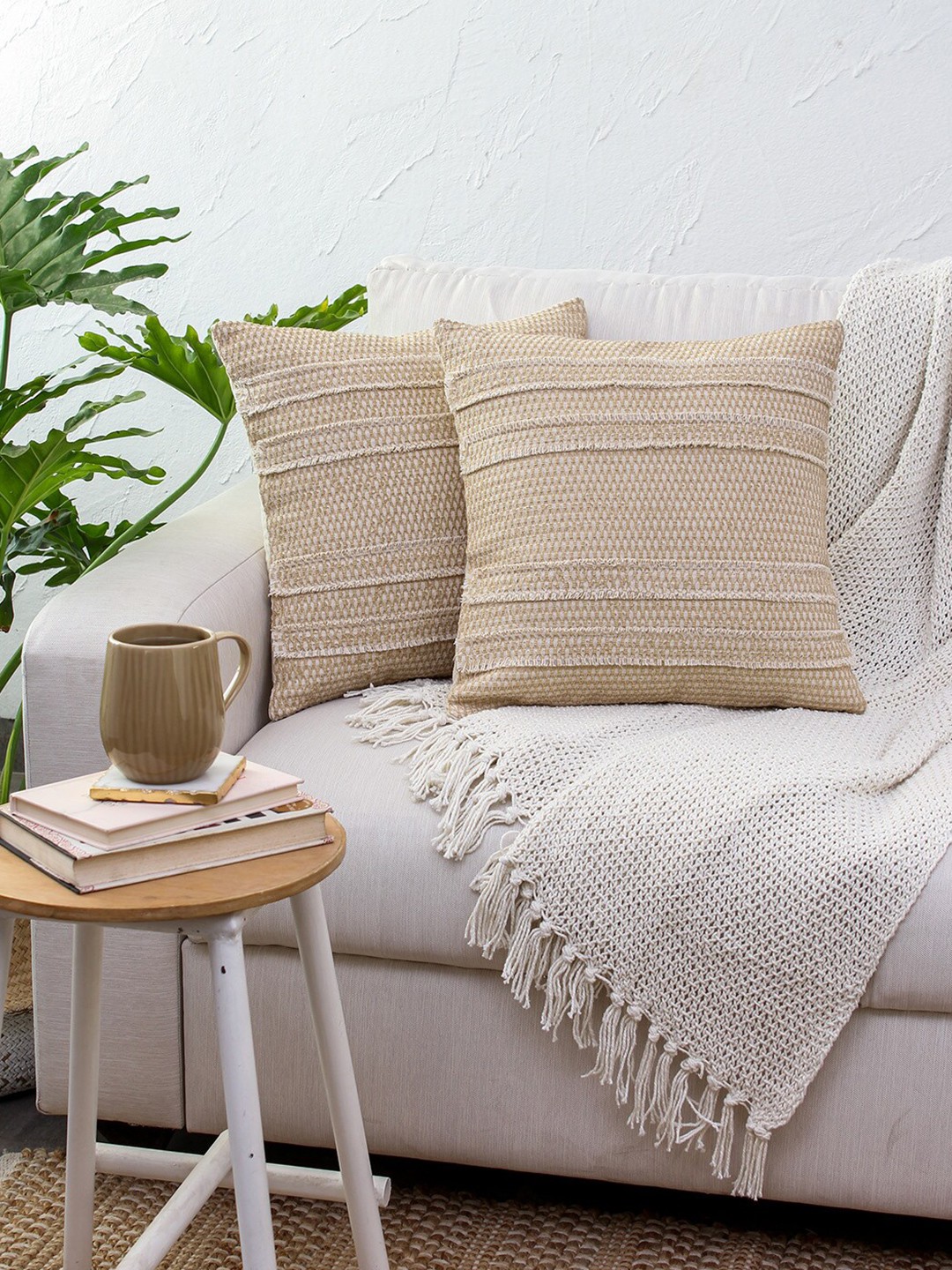 

House This Set of 2 Beige & White Self Design Cotton Square Cushion Covers