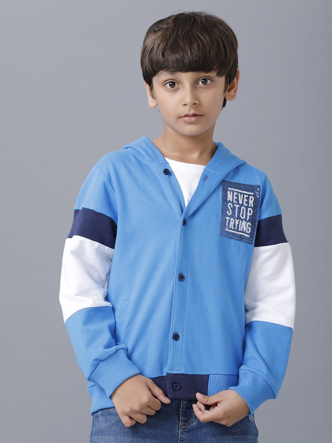 

UNDER FOURTEEN ONLY Boys Colourblocked Hooded Sweatshirt, Blue