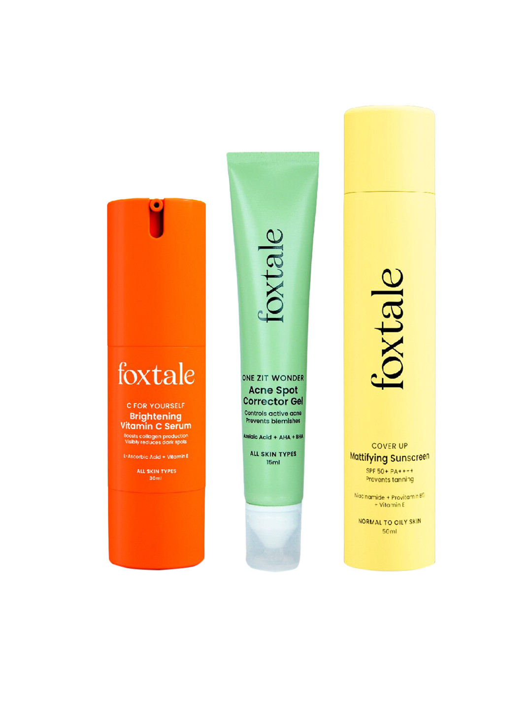 

FoxTale Stop The Spots Trio - Acne Clear Gel 15ml + Sunscreen 50ml + Vit C Serum 30ml, Orange