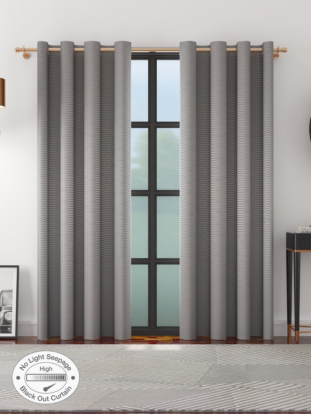 

HomeTown Charcoal Set of 2 Striped Black Out Long Door Curtain