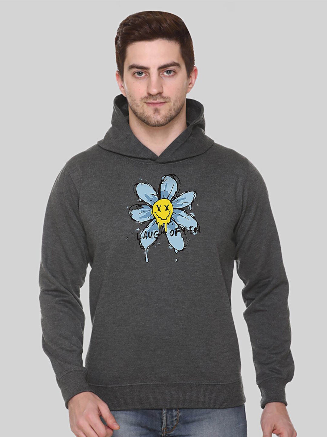 

Obaan Men Printed Hooded Sweatshirt, Grey