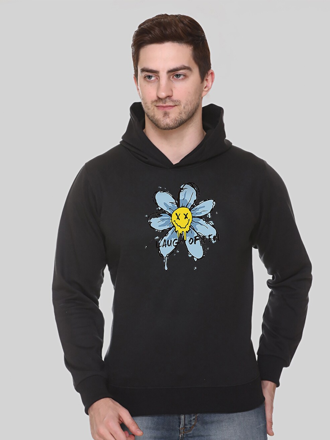 

Obaan Men Printed Hooded Sweatshirt, Black
