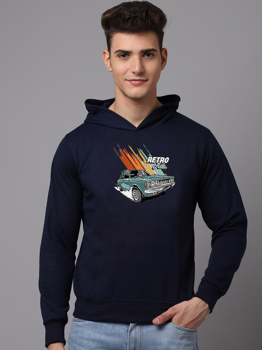 

Obaan Men Graphic Printed Hooded Sweatshirt, Navy blue