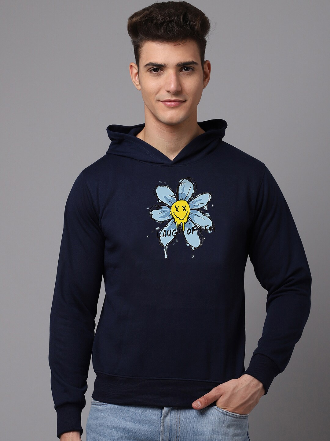 

Obaan Men Graphic Printed Hooded Sweatshirt, Navy blue
