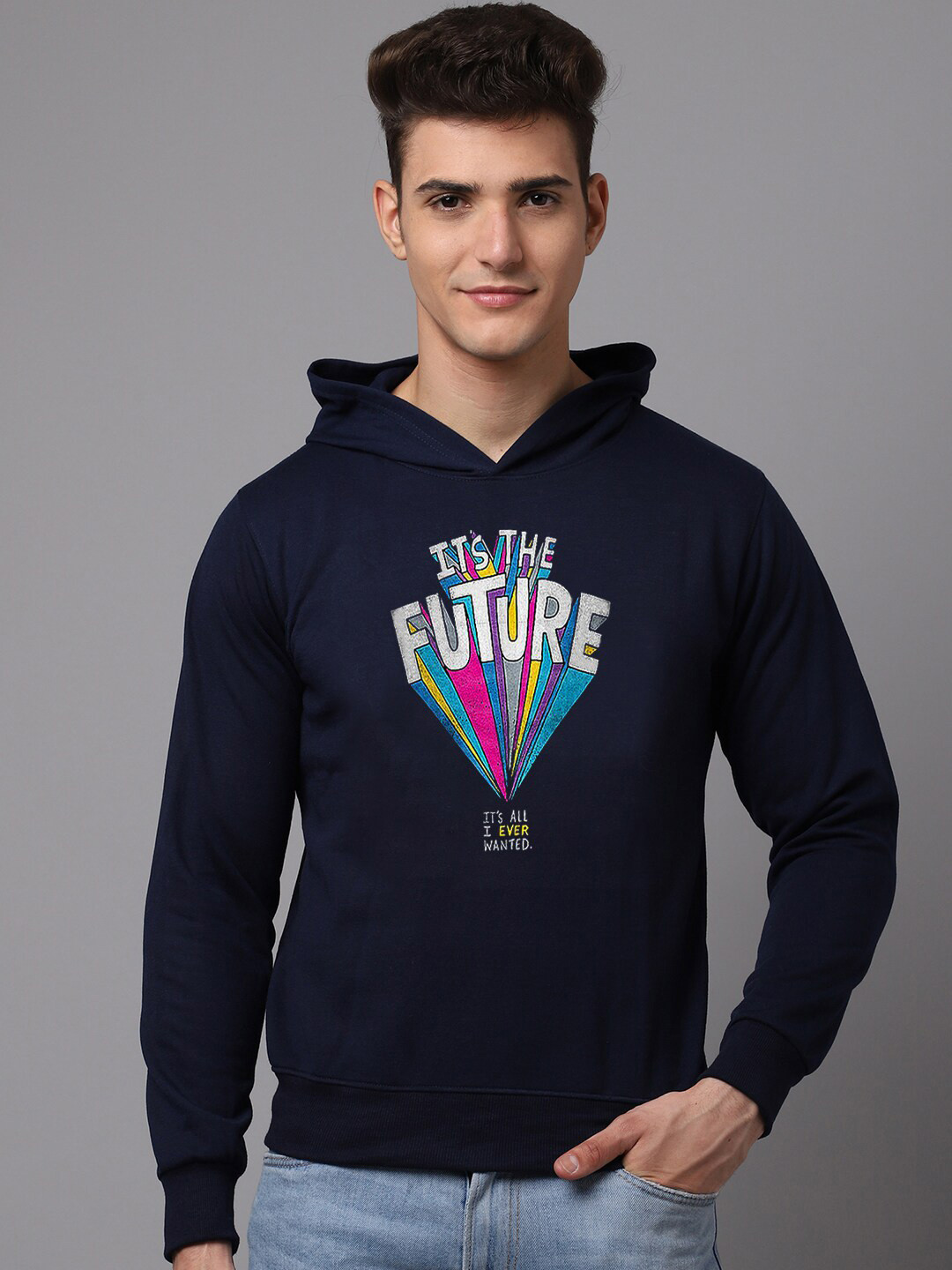 

Obaan Men Graphic Printed Hooded Sweatshirt, Navy blue