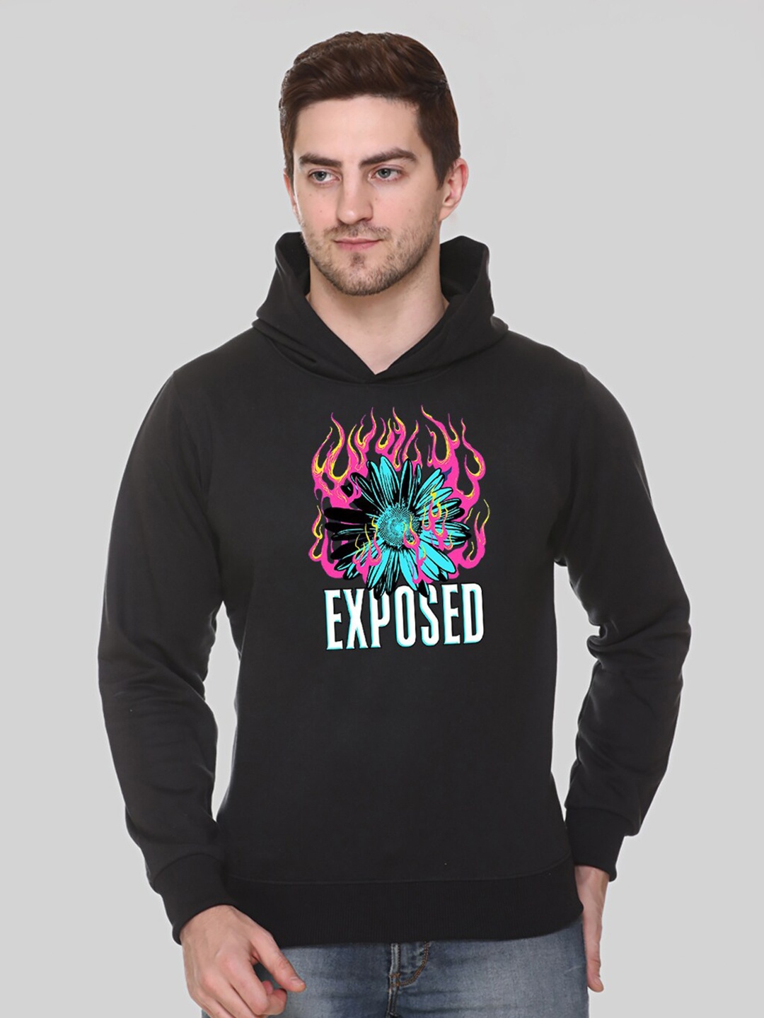 

Obaan Men Graphic Printed Hooded Sweatshirt, Black