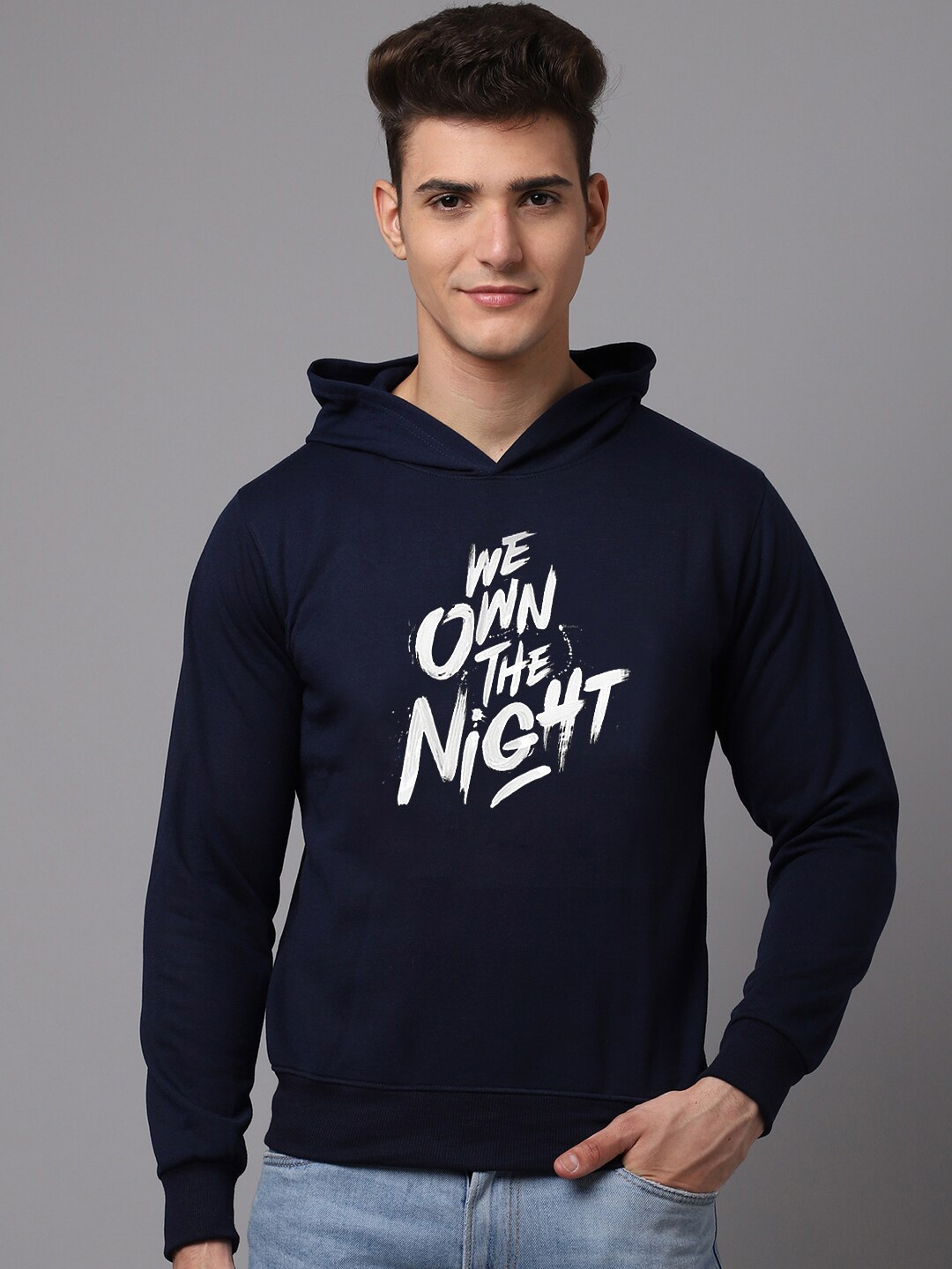 

Obaan Men Typography printed Hooded Sweatshirt, Navy blue