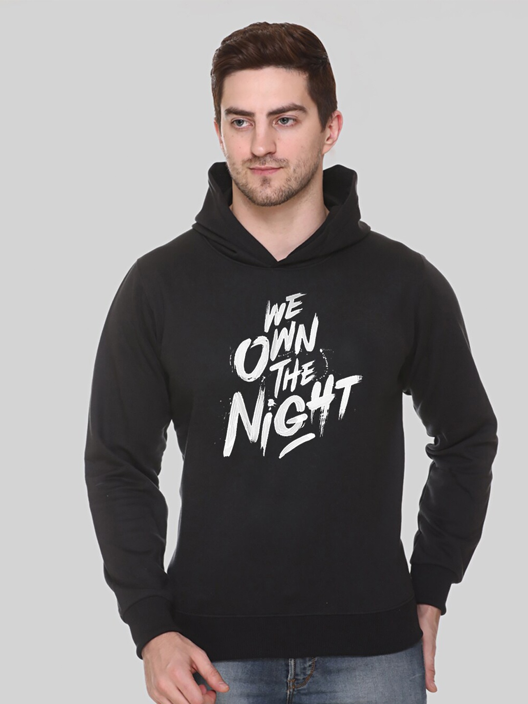 

Obaan Men Typography Printed Hooded Sweatshirt, Black