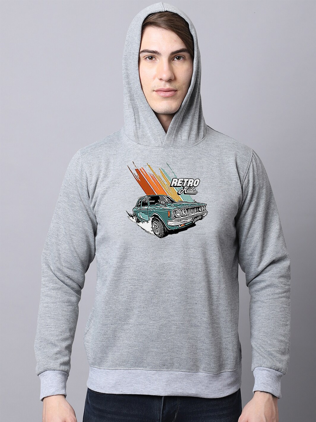 

Obaan Men Graphic Printed Hooded Sweatshirt, Grey
