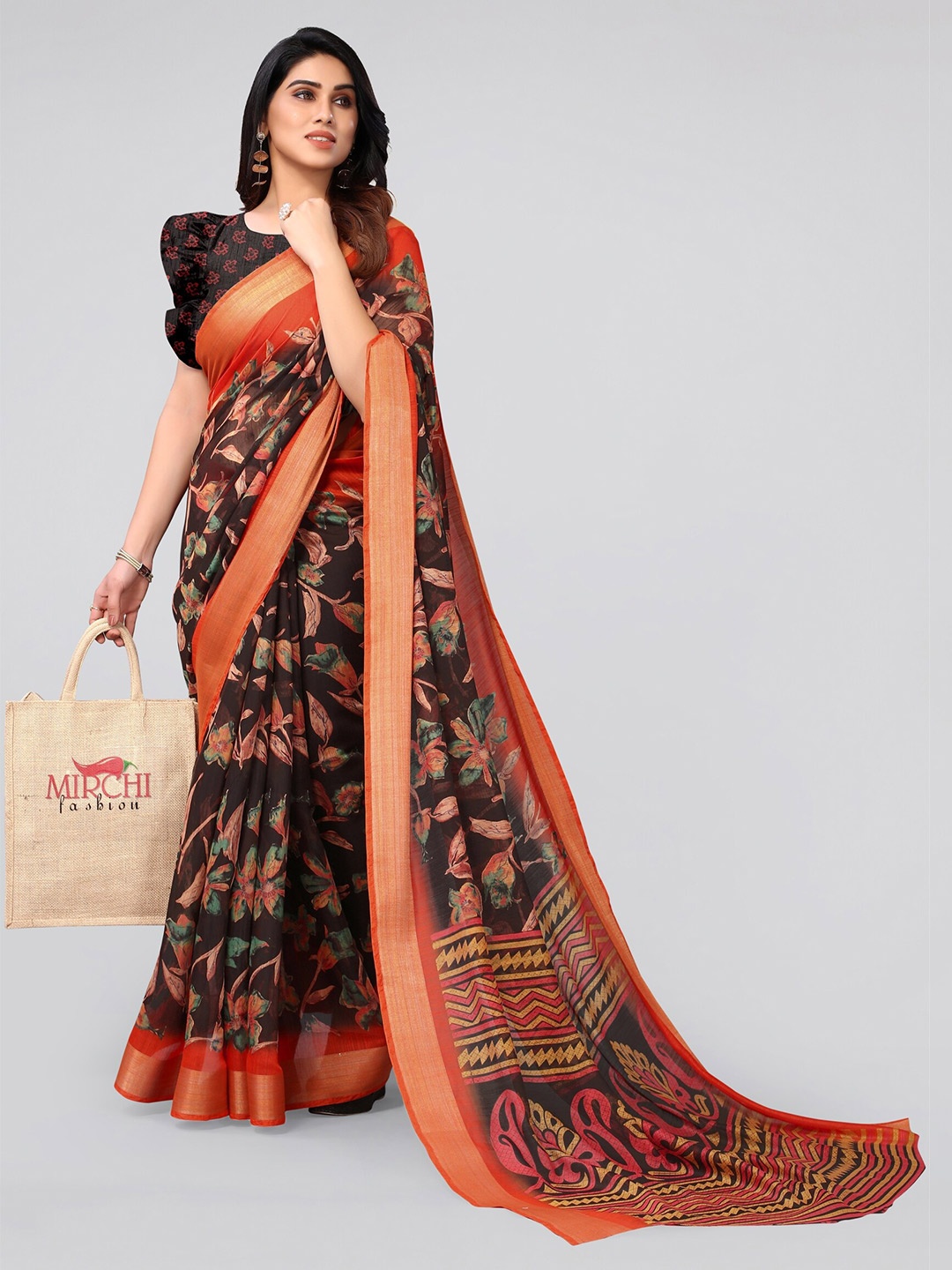 

MIRCHI FASHION Brown & Orange Floral Zari Saree