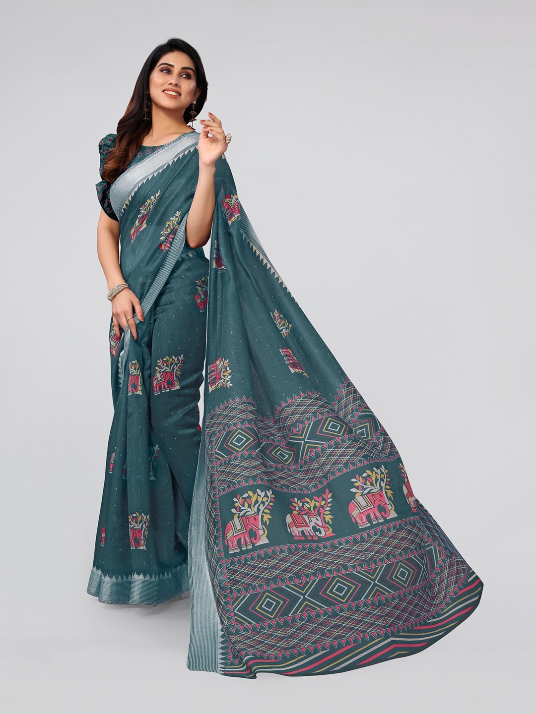

MIRCHI FASHION Turquoise Blue & Pink Paisley Zari Saree