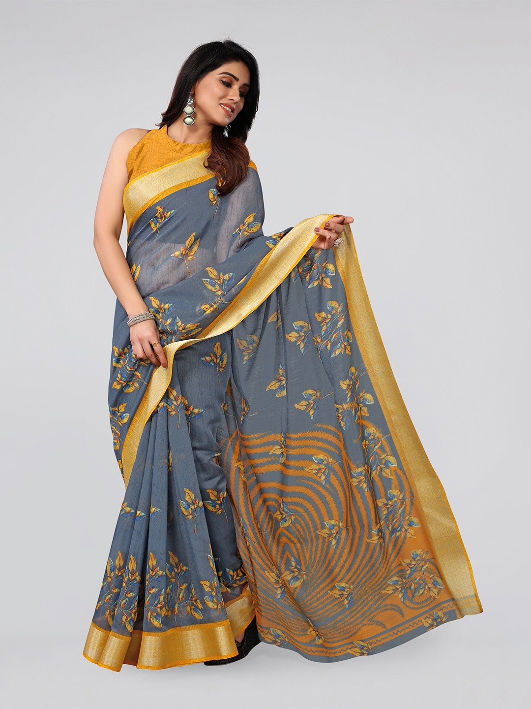 

MIRCHI FASHION Grey & Mustard Floral Saree