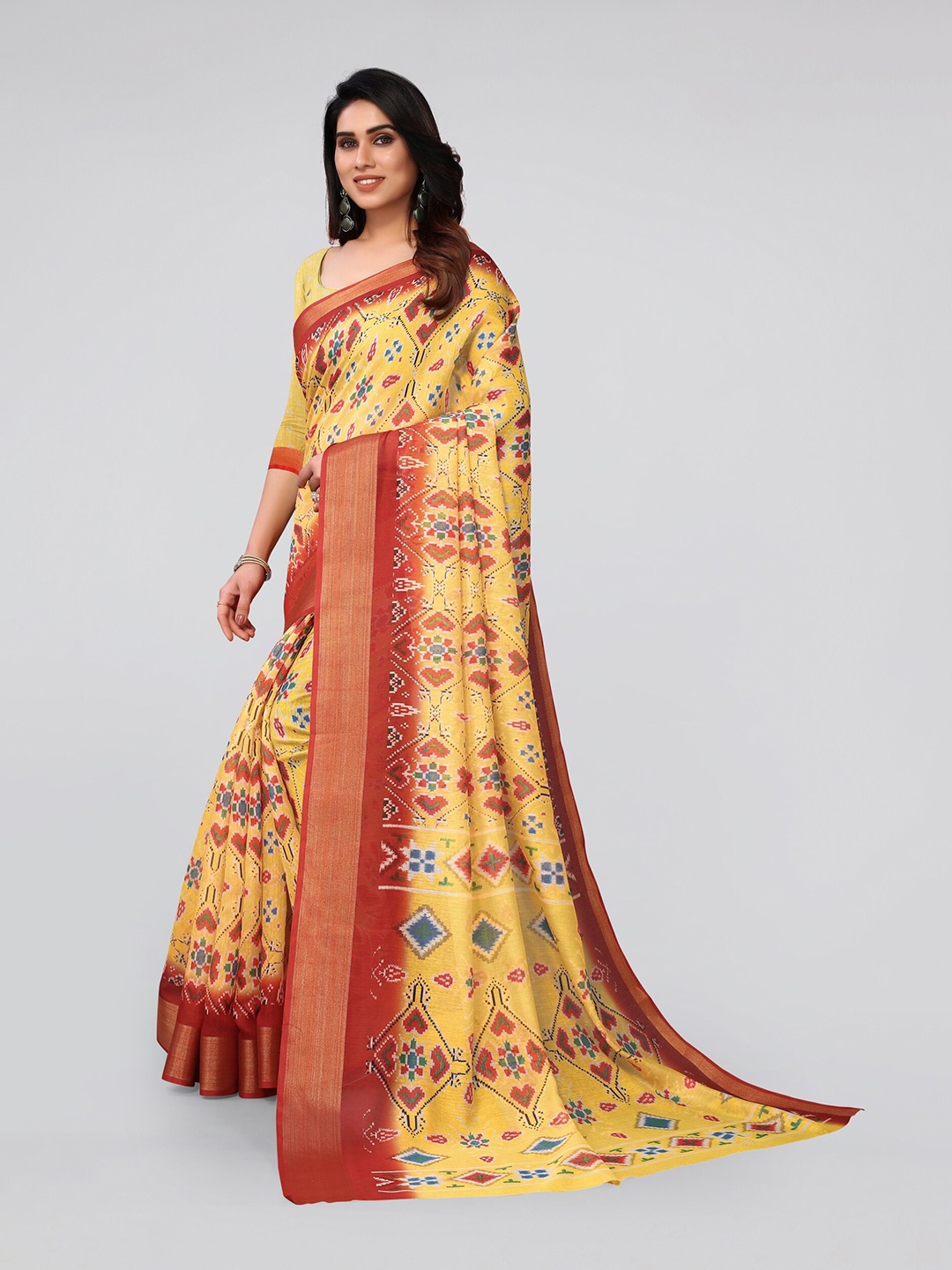 

MIRCHI FASHION Yellow & Red Ethnic Motifs Zari Patola Saree