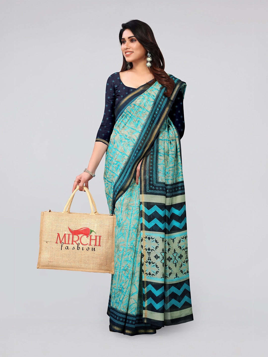 

MIRCHI FASHION Turquoise Blue & Gold-Toned Floral Zari Saree