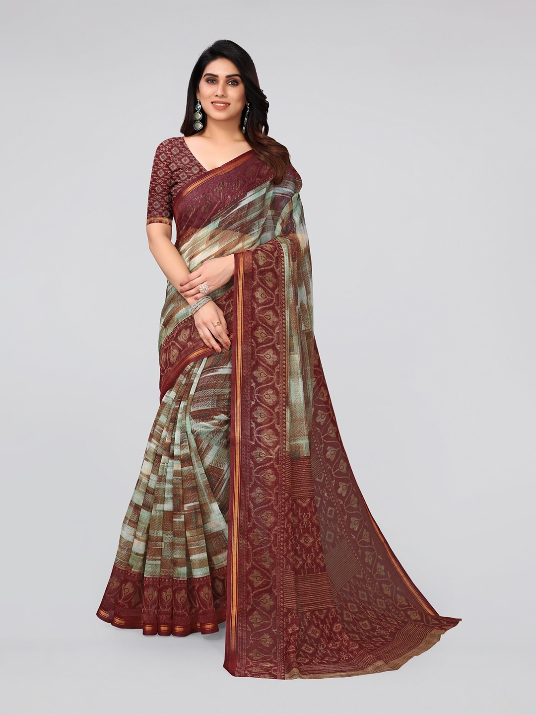 

MIRCHI FASHION Sea Green & Maroon Printed Cotton Blend Zari Saree