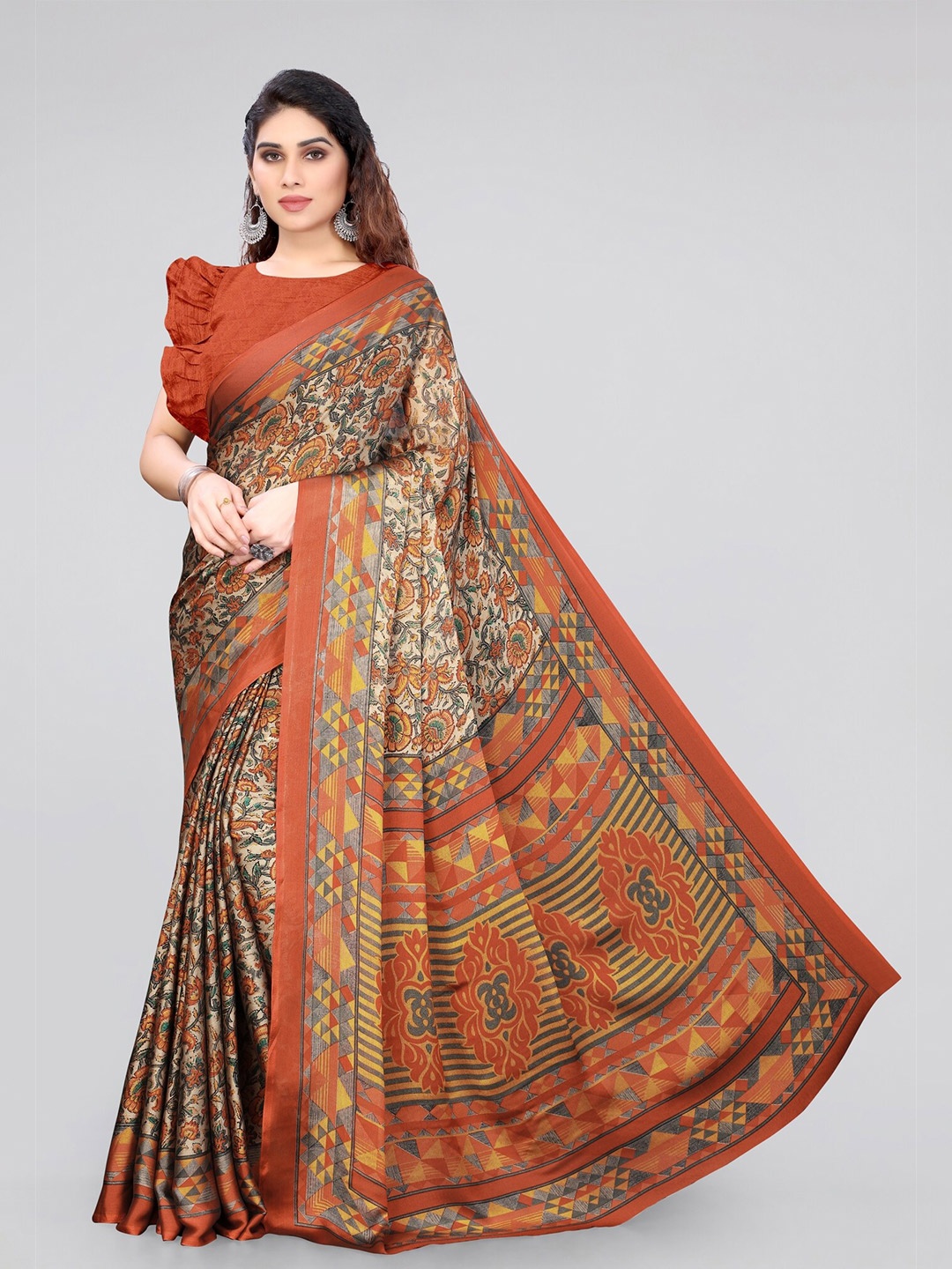 

MIRCHI FASHION Rust & Beige Floral Printed Saree