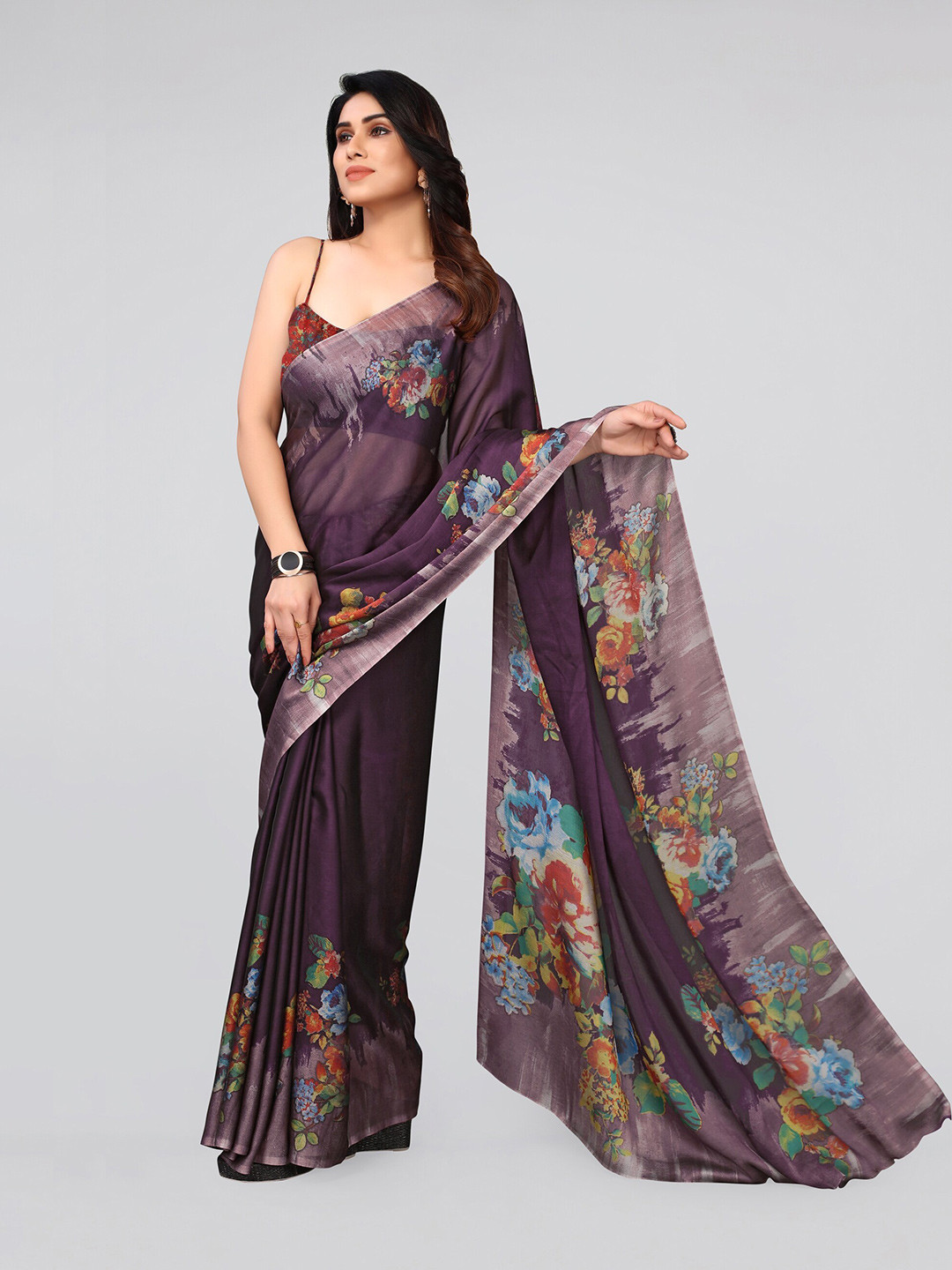

MIRCHI FASHION Purple & Blue Poly Chiffon Saree