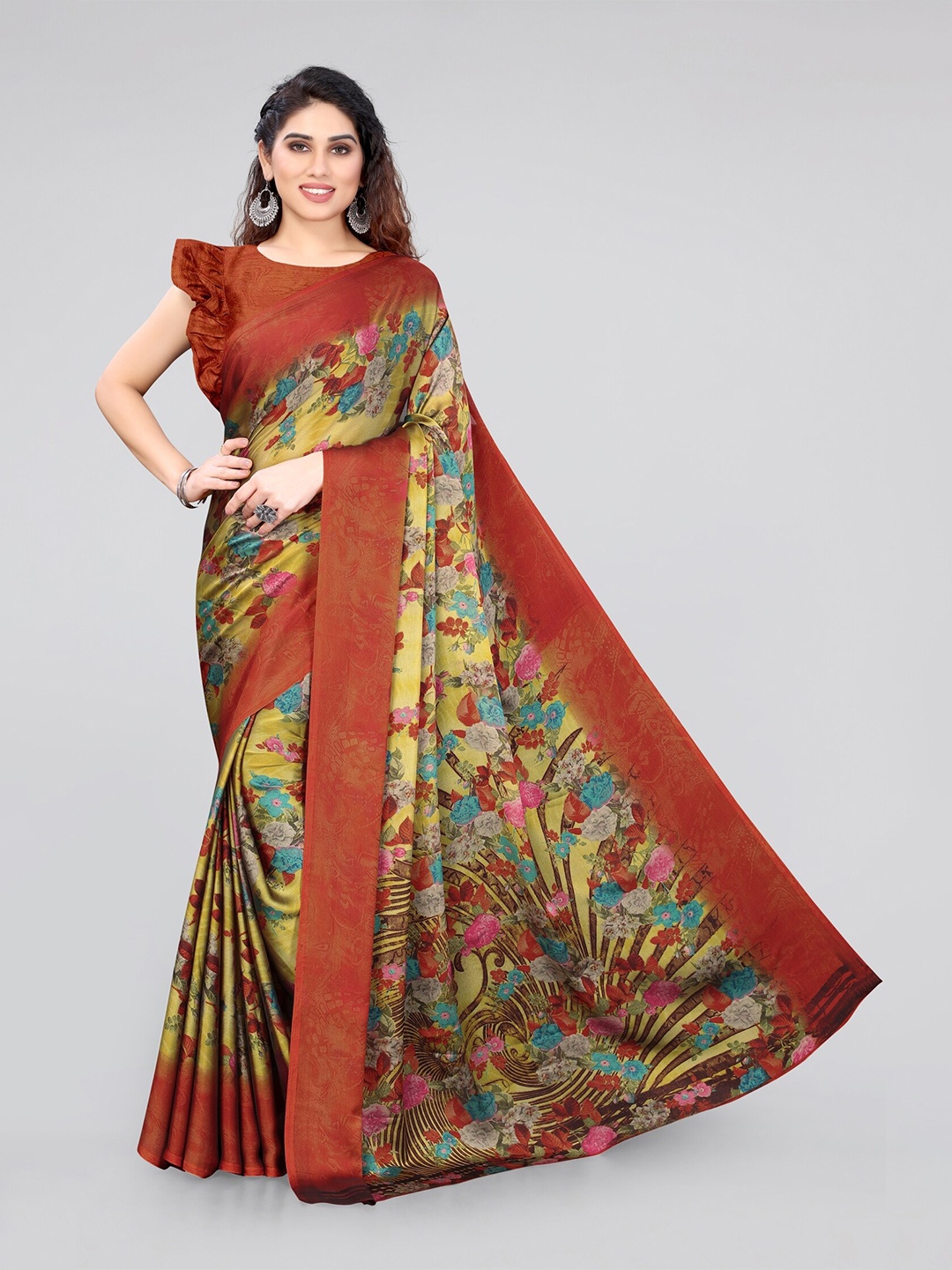 

MIRCHI FASHION Mustard & Brown Floral Poly Chiffon Saree