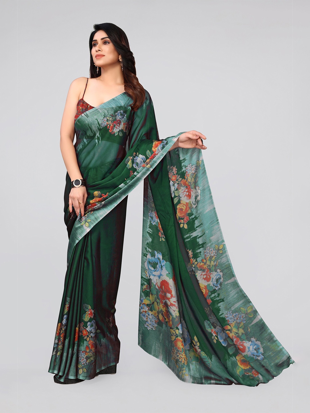 

MIRCHI FASHION Green & Blue Poly Chiffon Saree